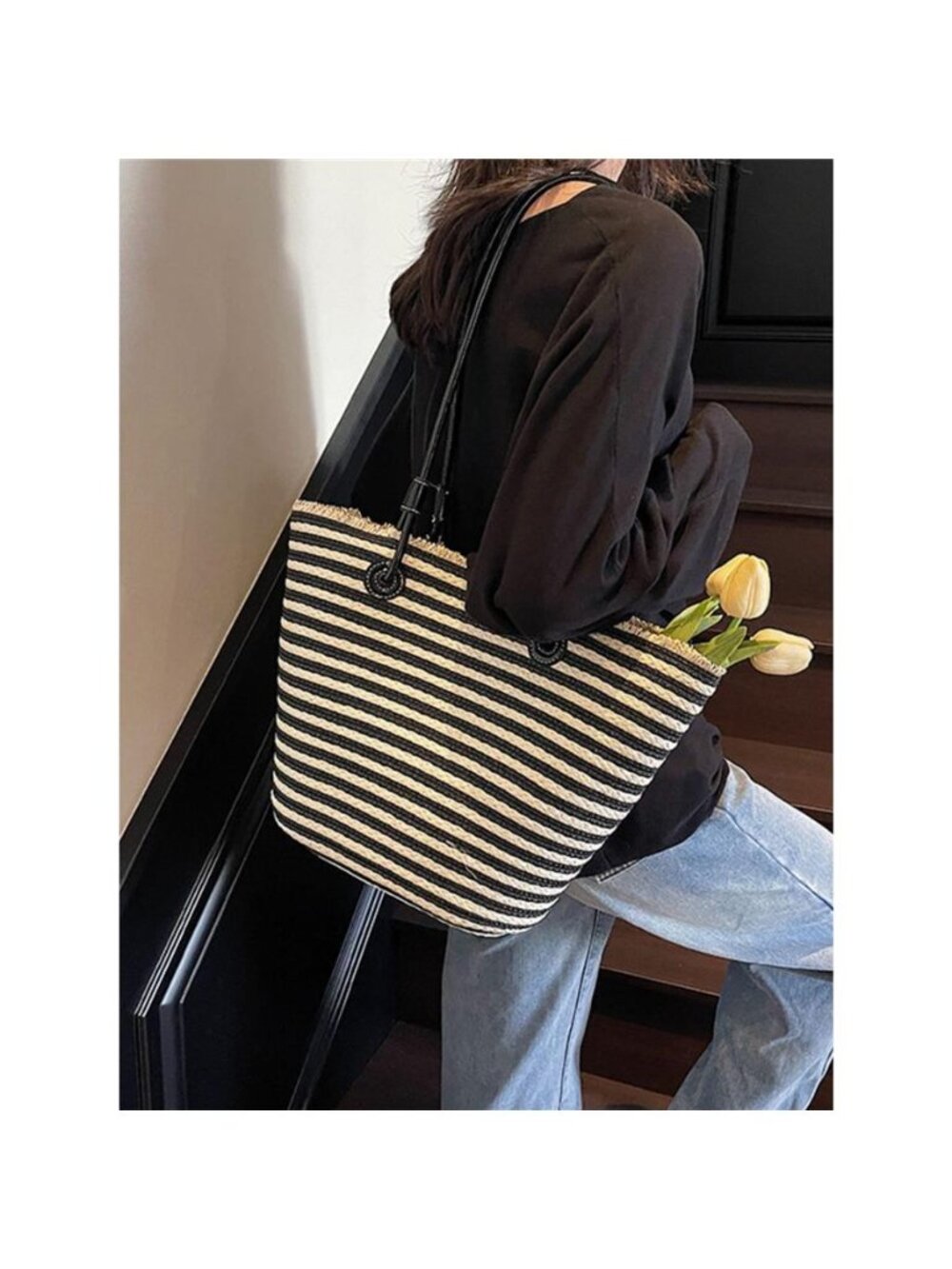 Striped Woven Straw Shoulder Bag